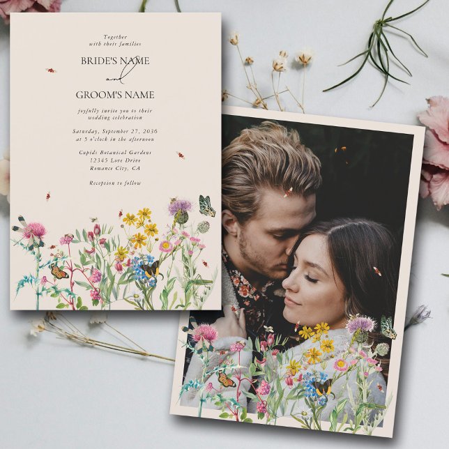 Watercolor Wildflower Garden Couple Photo Wedding  Invitation (Watercolor Wildflower Garden Couple Photo Wedding Invitation)