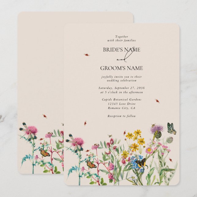 Watercolor Wildflower Garden & Insects Wedding Inv Invitation (Front/Back)