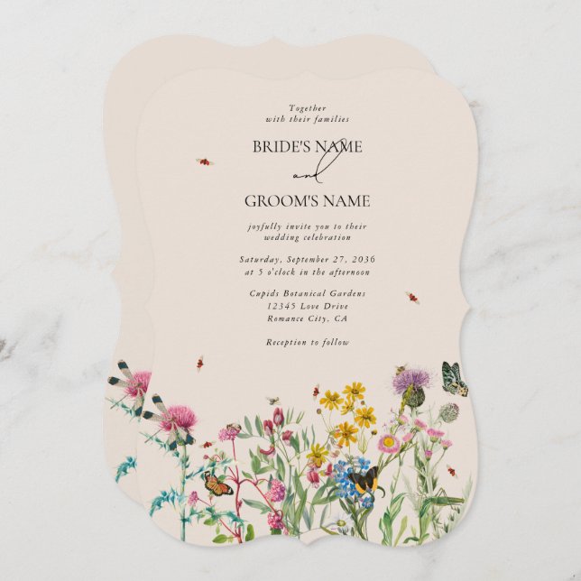 Watercolor Wildflower Garden & Insects Wedding Inv Invitation (Front/Back)