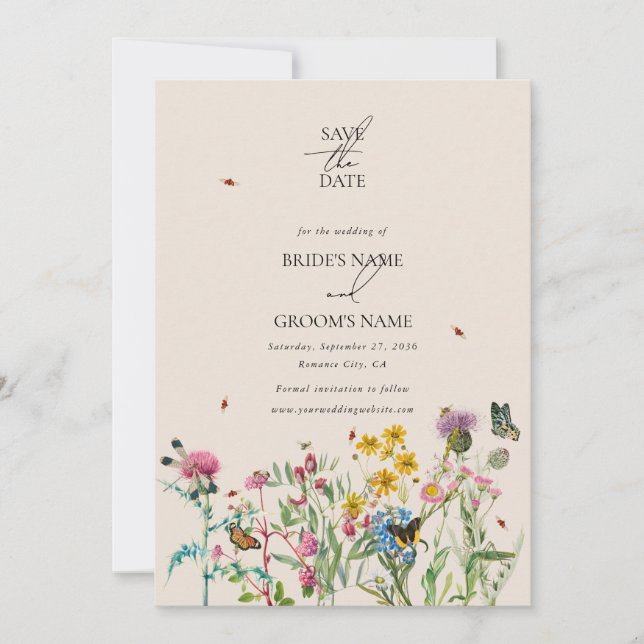 Watercolor Wildflower Garden & Insects Wedding Invitation (Front)