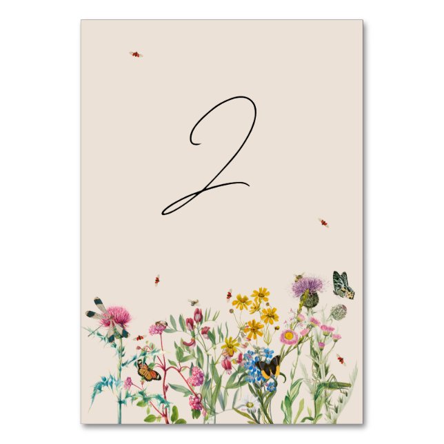 Watercolor Wildflower Garden & Insects Wedding Table Number (Front)