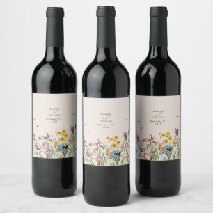Watercolor Wildflower Garden & Insects Wedding Wine Label