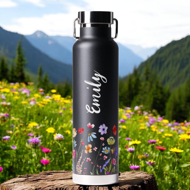 Watercolor Wildflower Garden Monogram Name Water Bottle (Creator Uploaded)