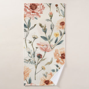 Watercolor Wildflower Garden Peach & Sage Floral Bath Towel