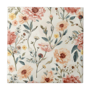 Watercolor Wildflower Garden Peach & Sage Floral Ceramic Tile