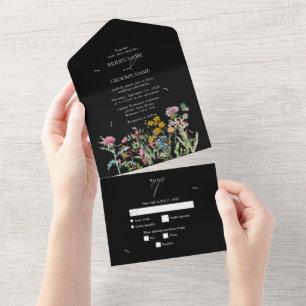 Watercolor Wildflower Garden Wedding Black Boho All In One Invitation
