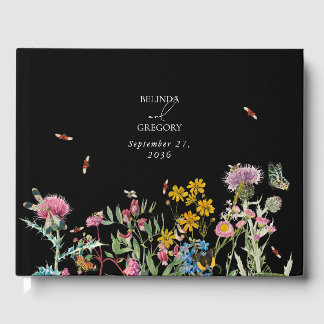 Watercolor Wildflower Garden Wedding Black Boho Guest Book