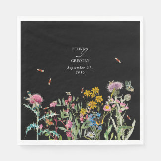 Watercolor Wildflower Garden Wedding Black Boho Napkin