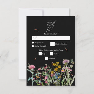 Watercolor Wildflower Garden Wedding Black Boho RSVP Card