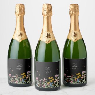 Watercolor Wildflower Garden Wedding Black Boho Sparkling Wine Label