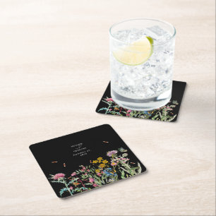 Watercolor Wildflower Garden Wedding Black Boho Square Paper Coaster