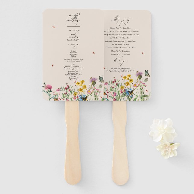 Watercolor Wildflower Garden Wedding Program Hand Fan (Front and Back)