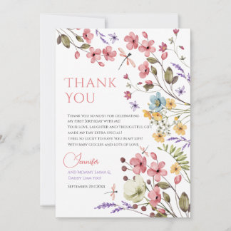 Watercolor Wildflower Girl 1st Birthday Thank You Card