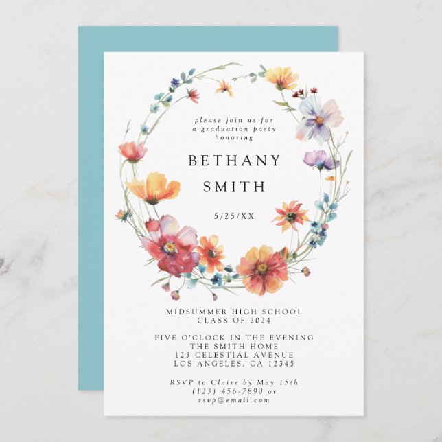 Watercolor Wildflower Graduation Party Invitation (Front/Back)