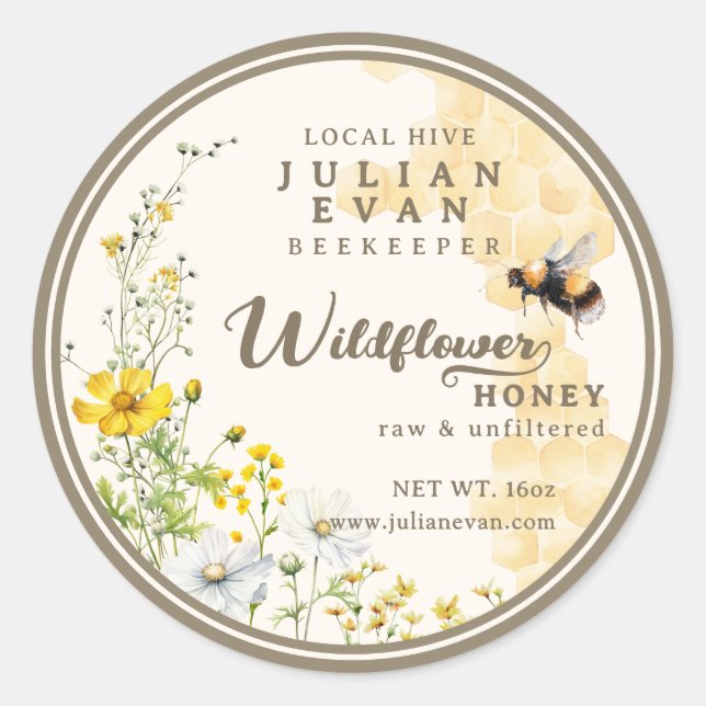 Watercolor Wildflower Honeycomb Bee Honey Label (Front)