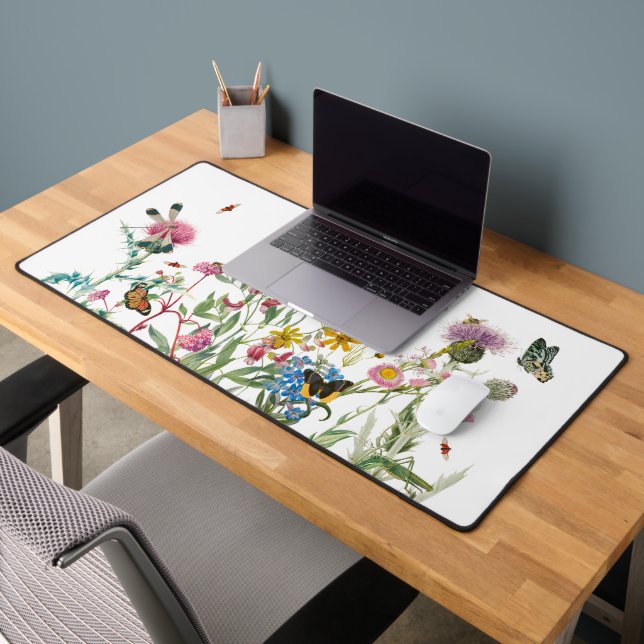 Watercolor Wildflower Insects Floral Spring Garden Desk Mat (Office 2)