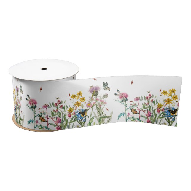 Watercolor Wildflower Insects Floral Spring Garden Satin Ribbon (Spool)