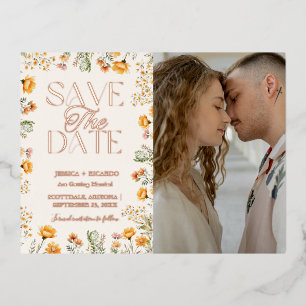 Watercolor Wildflower Ivory Wedding Save the date Foil Holiday Postcard