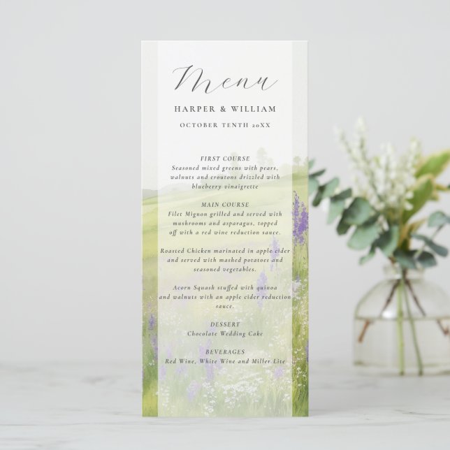 Watercolor wildflower landscape wedding menu (Standing Front)