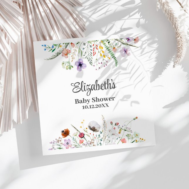 Watercolor Wildflower Meadow Baby Shower  Napkin (Watercolor Wildflower Meadow Baby Shower Napkins on a sunny white table.)