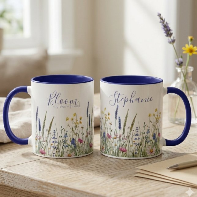 Watercolor Wildflower Meadow "Bloom" Mug (Wildflower personalized friendship mug)