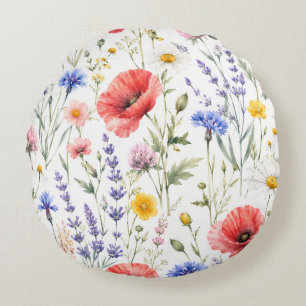 Watercolor Wildflower Meadow Floral Round Cushion