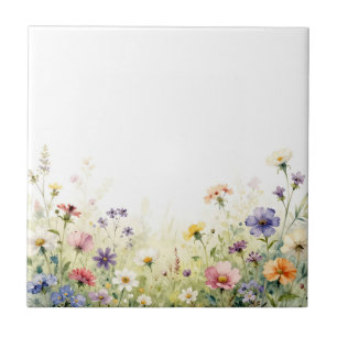 Watercolor Wildflower Meadow Pastel Floral Border Ceramic Tile