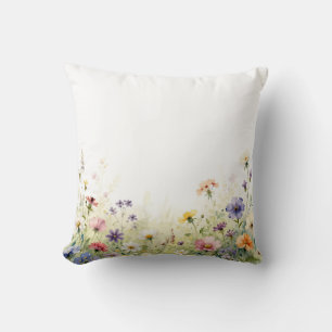 Watercolor Wildflower Meadow Pastel Floral Border Cushion