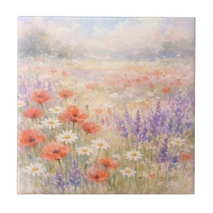 Watercolor Wildflower Meadow Scene Ceramic Tile