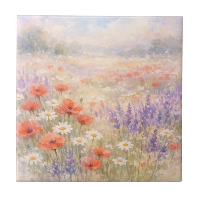 Watercolor Wildflower Meadow Scene Ceramic Tile (Front)
