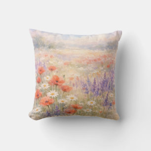Watercolor Wildflower Meadow Scene Cushion