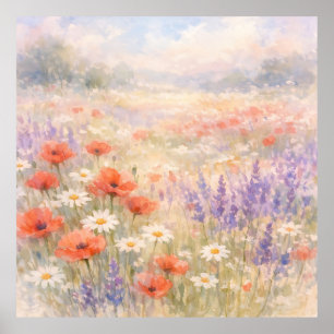 Watercolor Wildflower Meadow Scene Poster