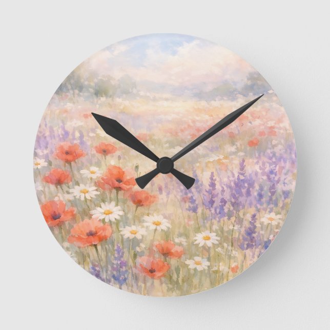 Watercolor Wildflower Meadow Scene Round Clock (Front)