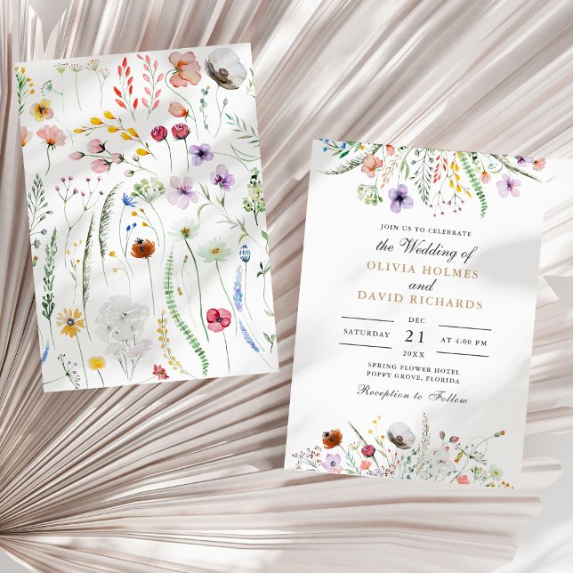 Watercolor Wildflower Meadow Wedding Invitation (Watercolor Wildflower Meadow Wedding Invitation on a sunny neutral dry palm leaf.)
