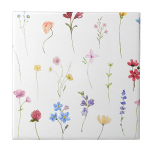 Watercolor Wildflower Minimalistic Pattern Cottage Ceramic Tile