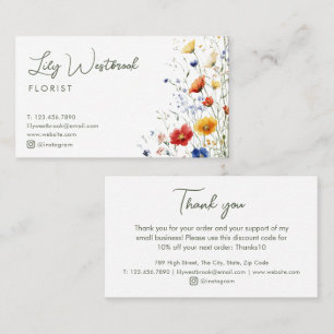 Watercolor Wildflower Modern Elegant Thank You Business Card