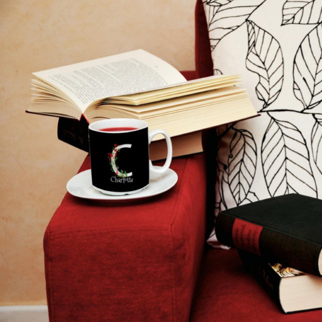 Watercolor wildflower monogram black coffee mug (Creator Uploaded)