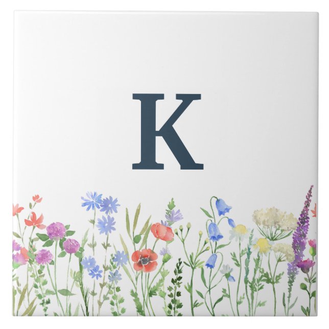 Watercolor Wildflower Monogram  Ceramic Tile (Front)