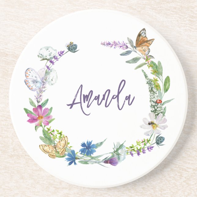 Watercolor Wildflower Monogram  Coaster (Front)