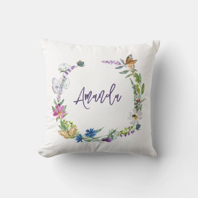 Watercolor Wildflower Monogram  Cushion (Front)