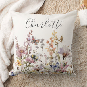 Watercolor Wildflower Monogram Name Cushion