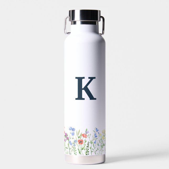 Watercolor Wildflower Monogram  Water Bottle (Front)