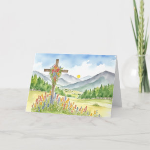 Watercolor Wildflower Mountain Cross 4 Easter Holiday Card