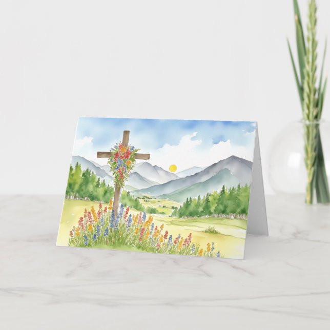 Watercolor Wildflower Mountain Cross 4 Easter Holiday Card (Front)