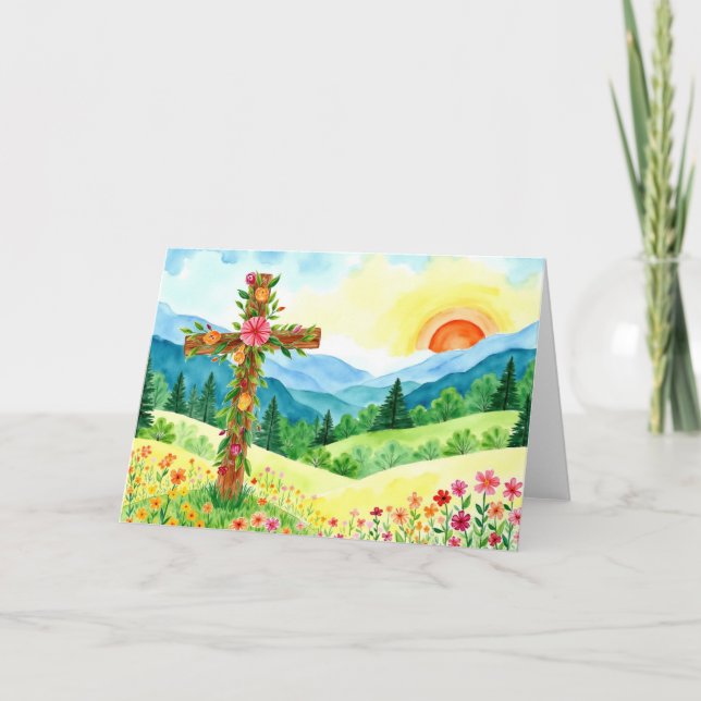 Watercolor Wildflower Mountain Cross Easter Holiday Card (Front)