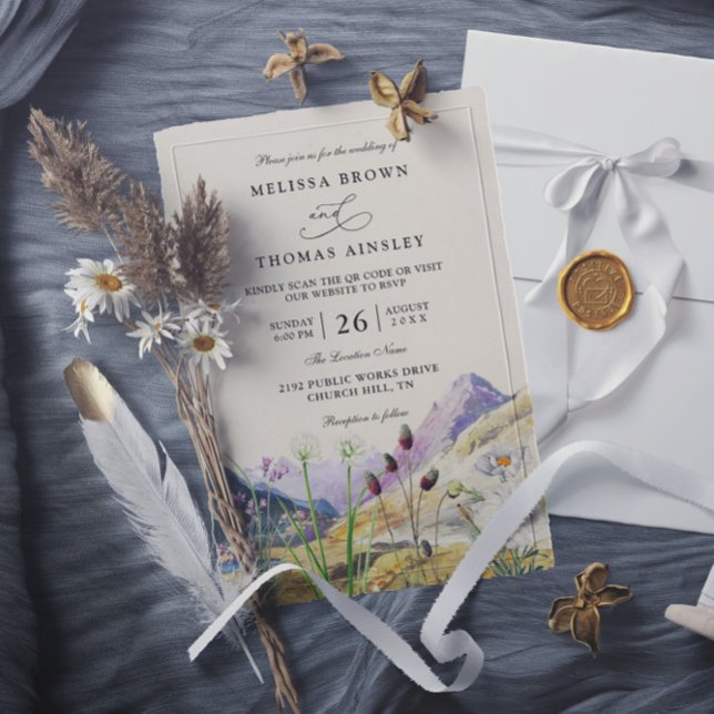 Watercolor Wildflower Mountain QR Code Wedding Invitation (Creator Uploaded)