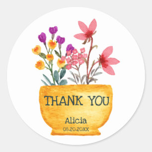 Watercolor Wildflower On Pot Thank You Classic Round Sticker