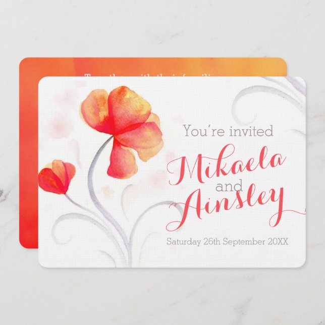 Watercolor wildflower orange wedding invite (Front/Back)