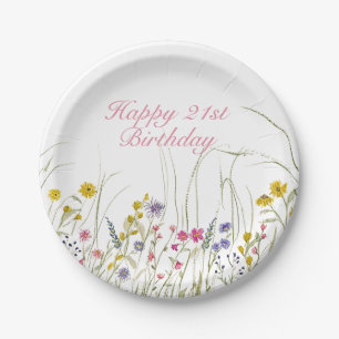Watercolor Wildflower Party Plate- 21st Birthday Paper Plate