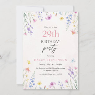 Watercolor Wildflower Pastel Floral 29th Birthday Invitation